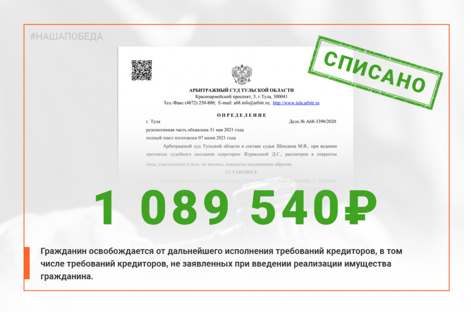 Фото решения суда о списании задолженности в размере 1 089 540 руб.