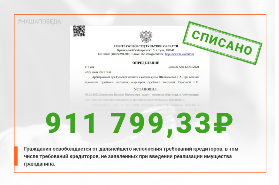 Фото решения суда о списании задолженности в размере 911 799 руб.