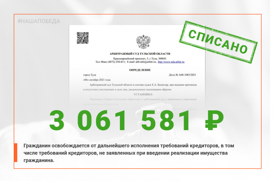 Фото решения суда о списании задолженности в размере 3 061 581 руб.