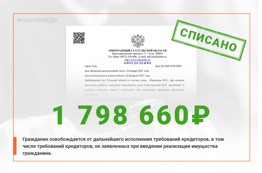 Фото решения суда о списании задолженности в размере 1 798 660 руб.